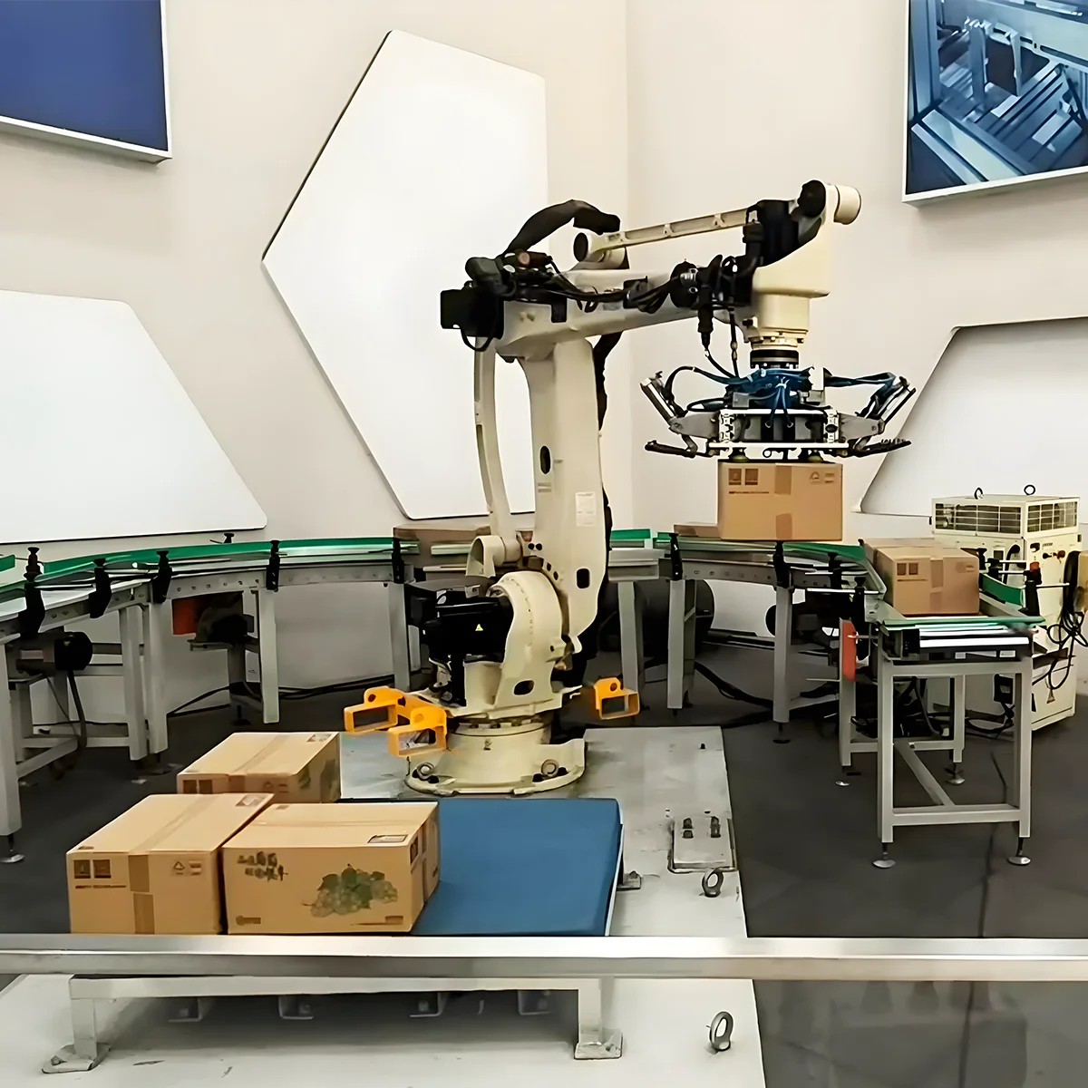 GOJON box palletizer picking cartons from conveyors