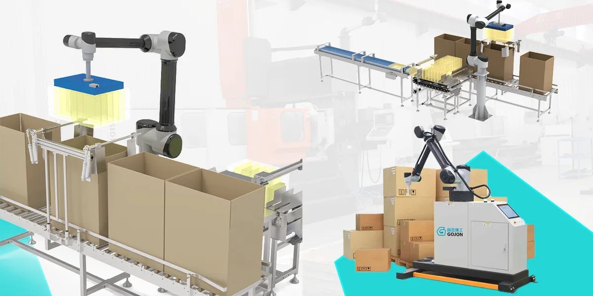 GOJON collaborative palletizing workstation at the end of a carton line
