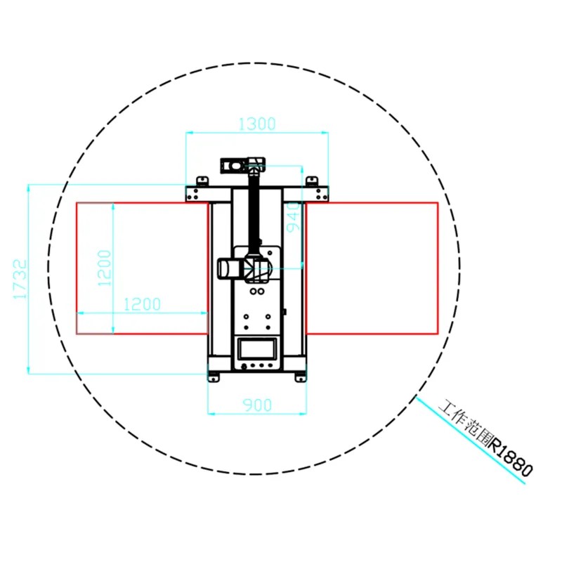 GP-20E footprint and R1880 working range drawing