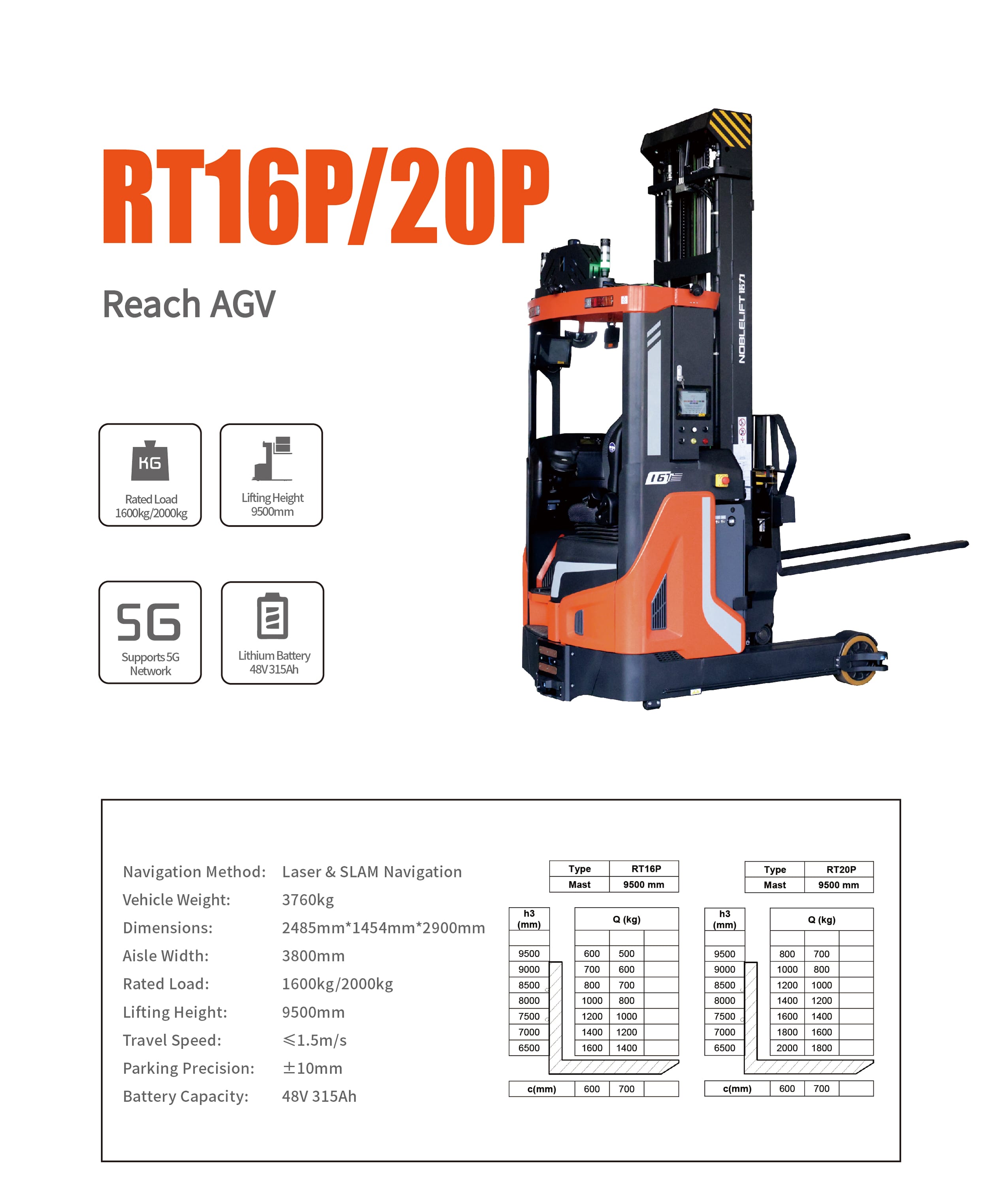 Noblelift RT16P/20P 1600kg/2000kg Reach AGV