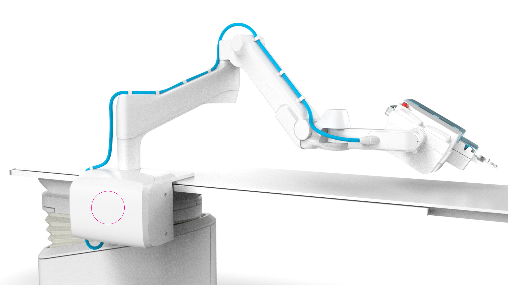 R-One+ robotic unit on its articulated support arm